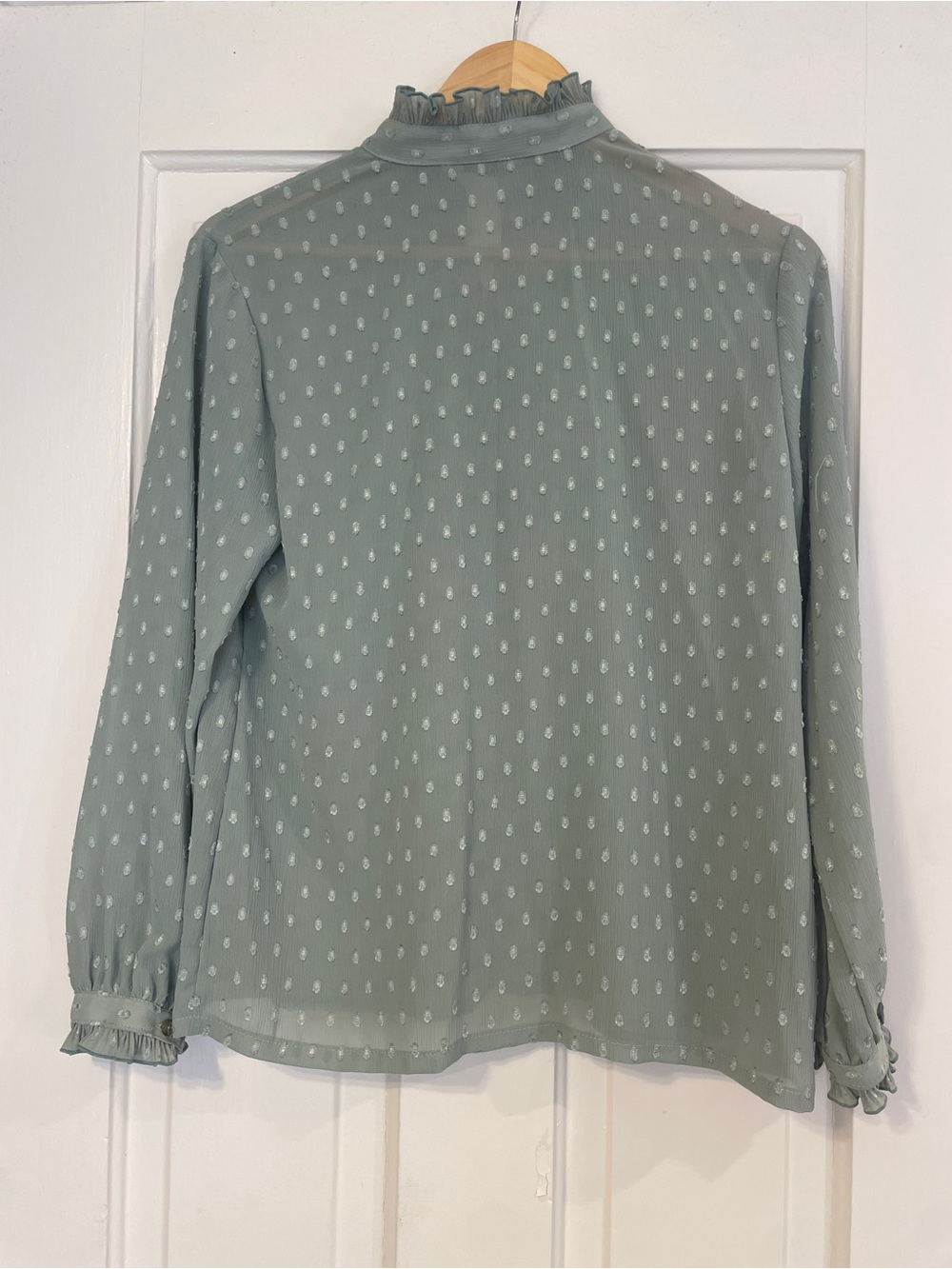 Vintage Sage Green Swiss Dot Blouse, Ruffle Collar & Pleated Mock Neck Japan 13 - Picture 2 of 3